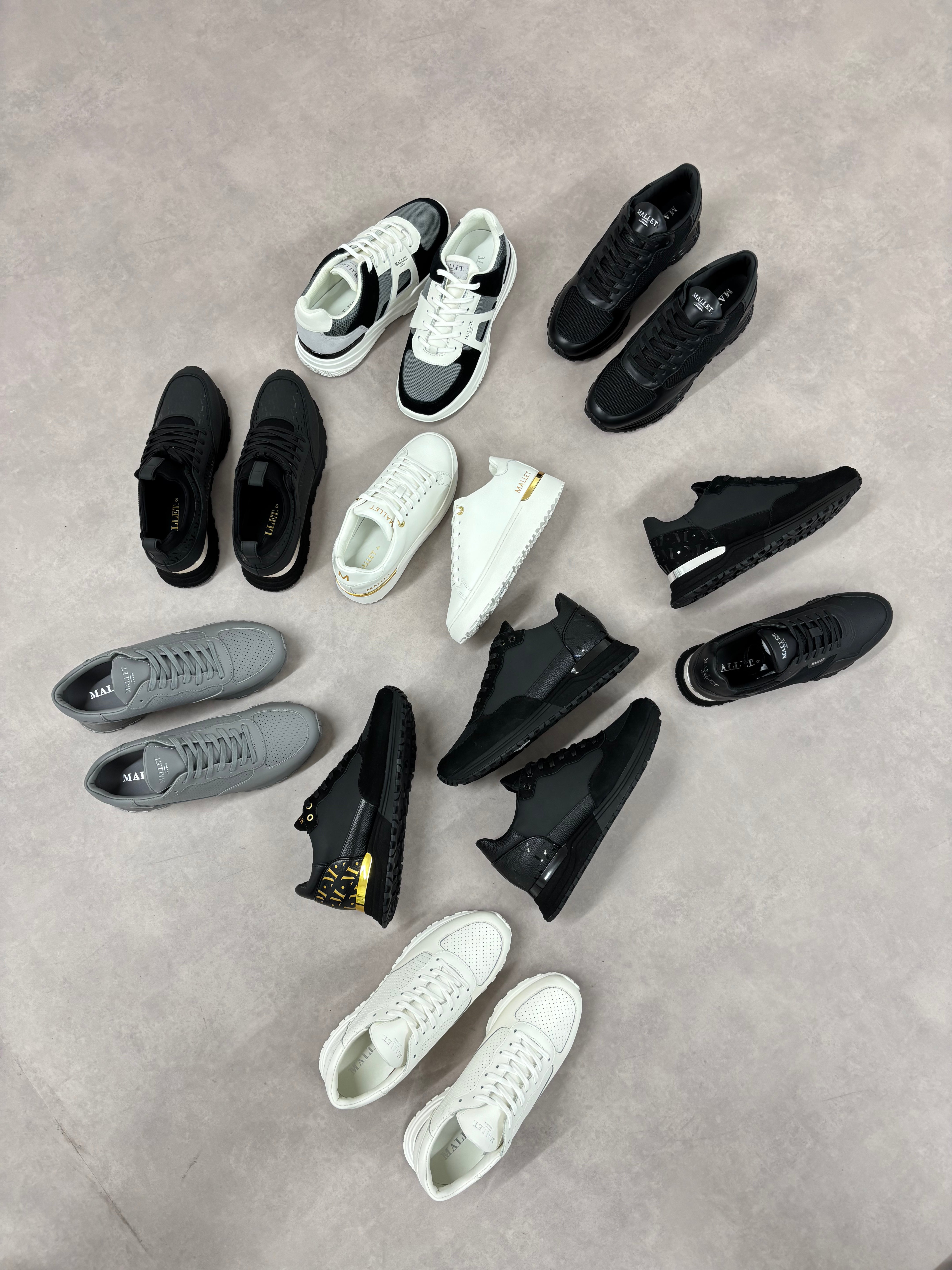 black, white and grey sneakers displayed on a floor